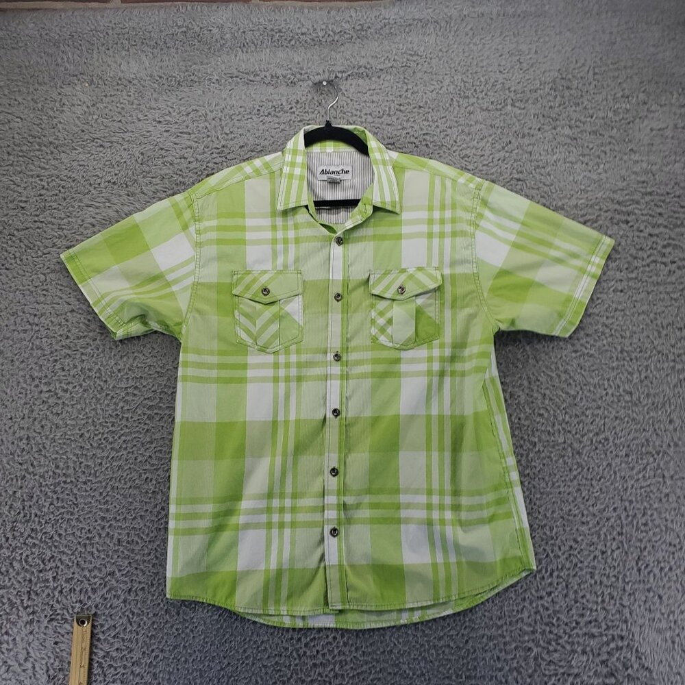 Ablanche Shirt Mens XL Green Plaid Button-Up Casual Short-Sleeve